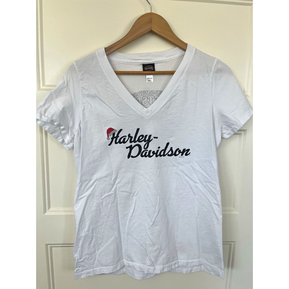 Harley Davidson Scottsdale AZ Womens XL V-Neck Shirt White Christmas Santa Hat